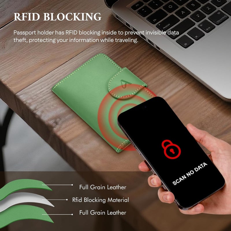 ALLIVE Rfid Passport Holder for Travel Women, Rfid Passport Cover Wallet, Genuine Leather Passport Holder for Travel with AirTag Hidden, Airport Essentials, Travel Gifts (Avocado Green) - Image 3